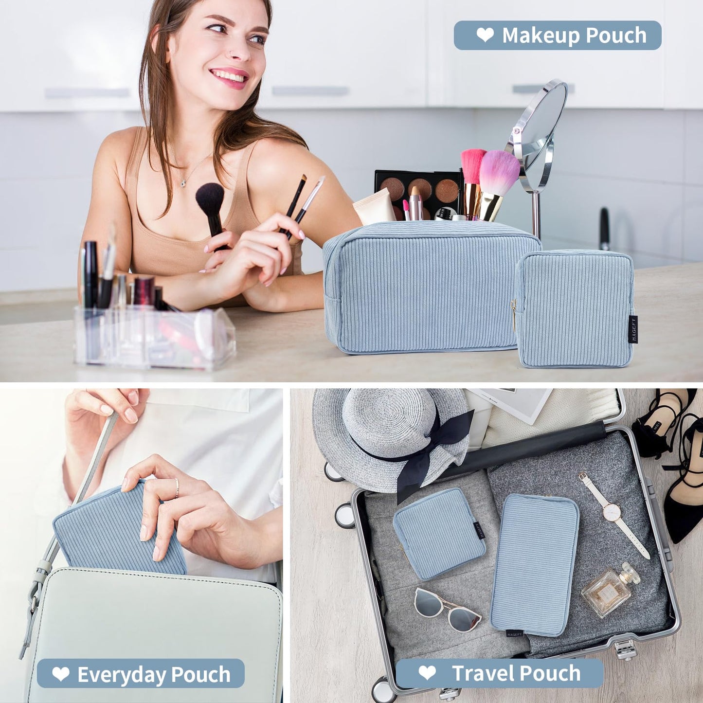 MAGEFY Makeup Bag for Purse, 2 Pcs Corduroy Cosmetic Bag for Girls Women Small Travel Makeup Pouch with Zipper(Blue)