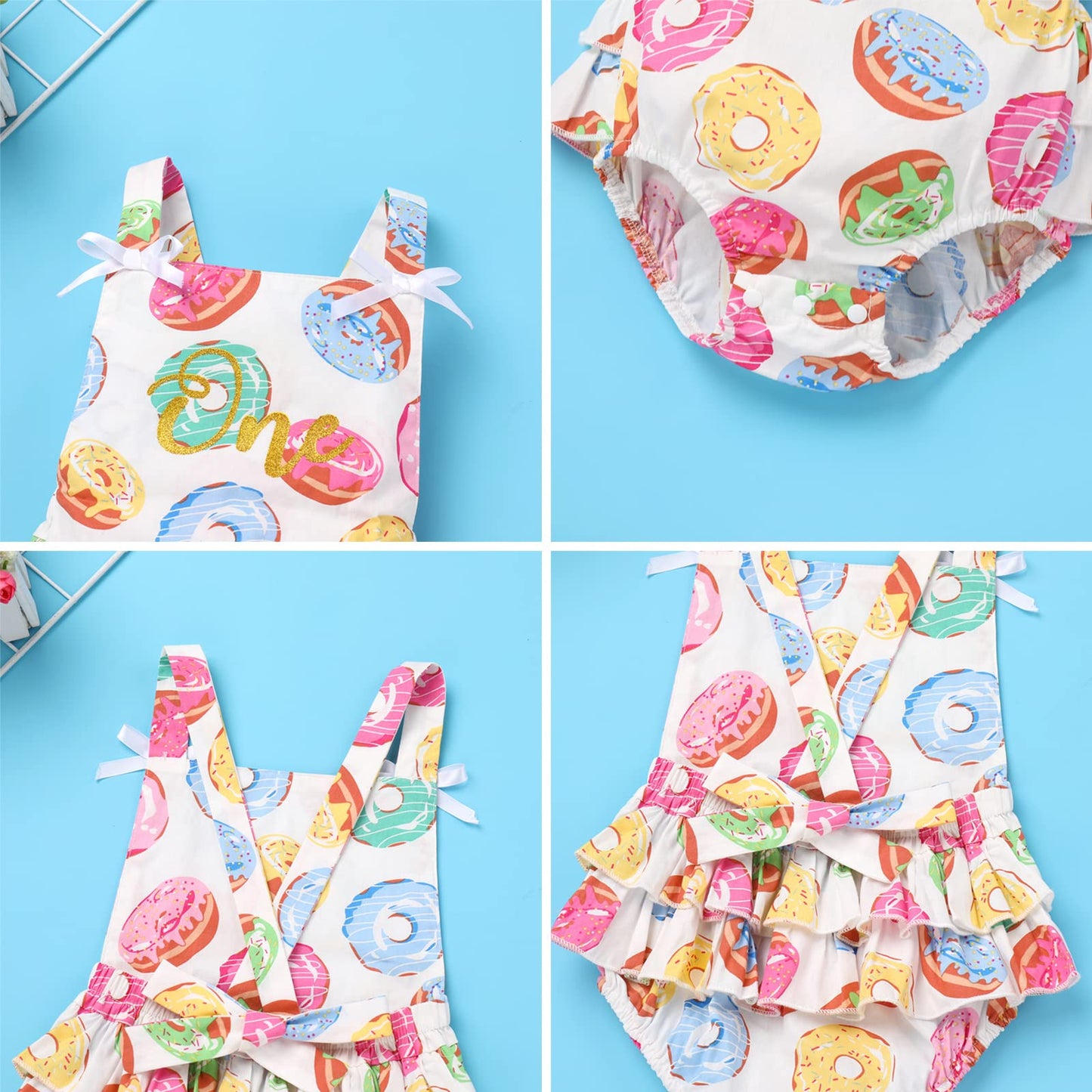 Infant Newborn Baby Girl Romper Toddler First Birthday Cake Smash Outfits Colorful Dunut Print Bubble Romper Photography Outfits Kids Easter Baptism Christening Onesie White-Donut (2PCS) 12-18 Months