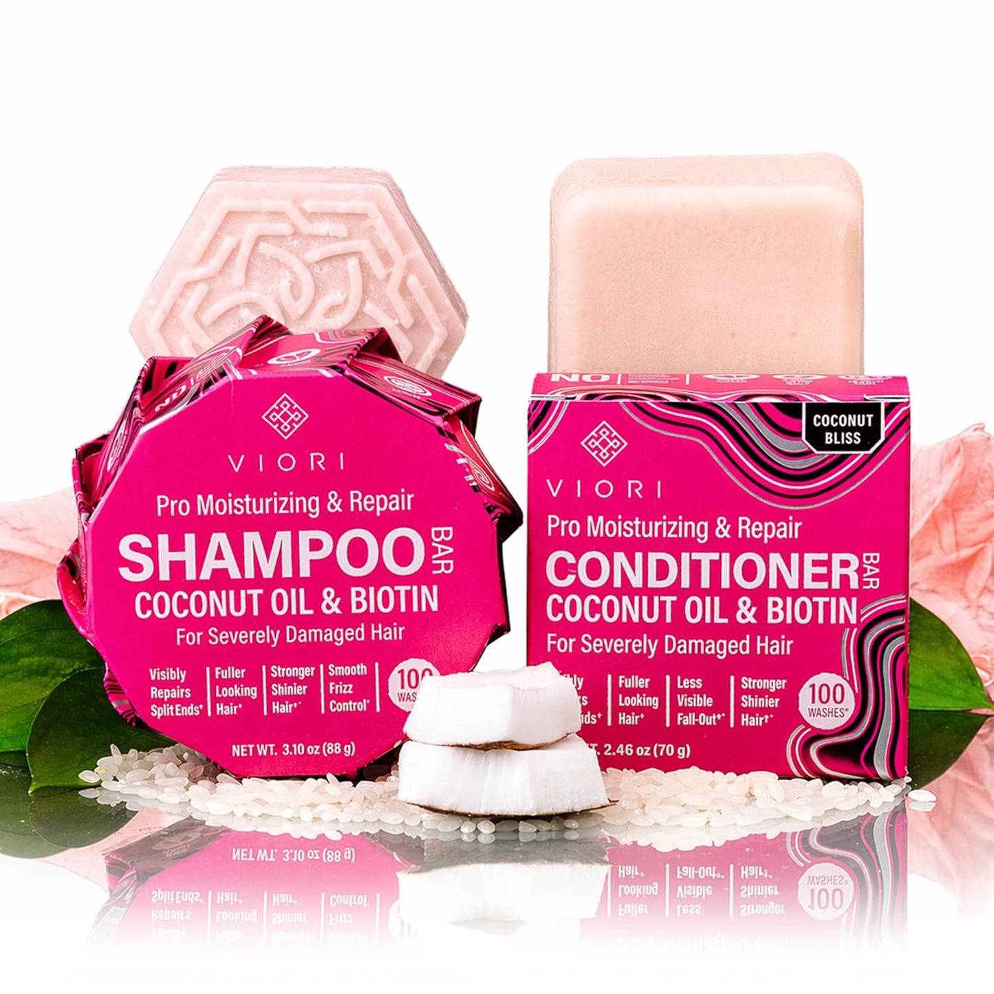 Viori Coconut Shampoo & Conditioner Bar Set - Advanced Repair with Longsheng Rice Water & Jojoba Esters | Eco-Friendly, Travel Size for Dry Hair