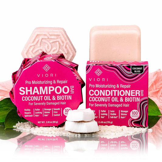 Viori Coconut Shampoo & Conditioner Bar Set - Advanced Repair with Longsheng Rice Water & Jojoba Esters | Eco-Friendly, Travel Size for Dry Hair
