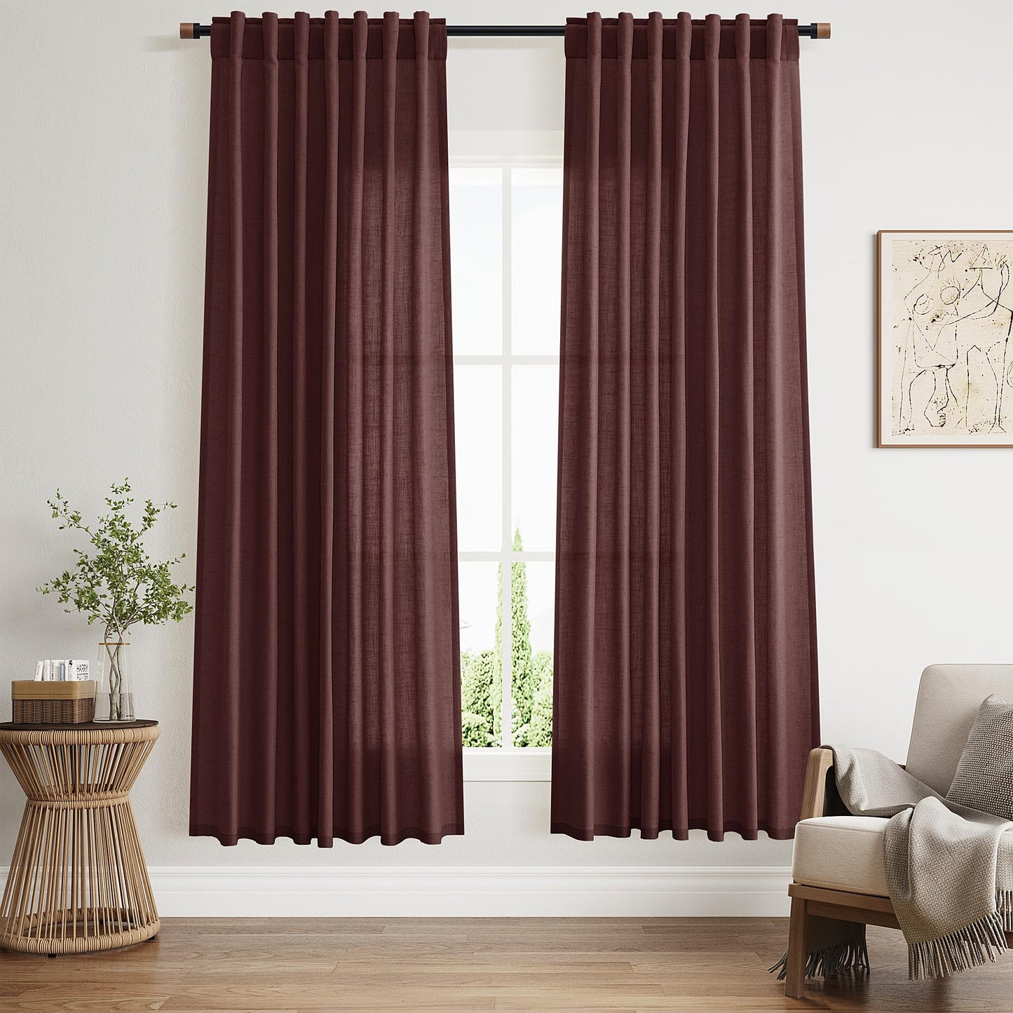Nanspring Natural Linen Curtains for Kitchen Windows Over Sink - Cafe Curtain Semi Sheer with Rod Pocket and Back Tab Lightweight Rustic Textured Bistro Curtains for Bathroom, 2 Panels 25 x 24 Inch