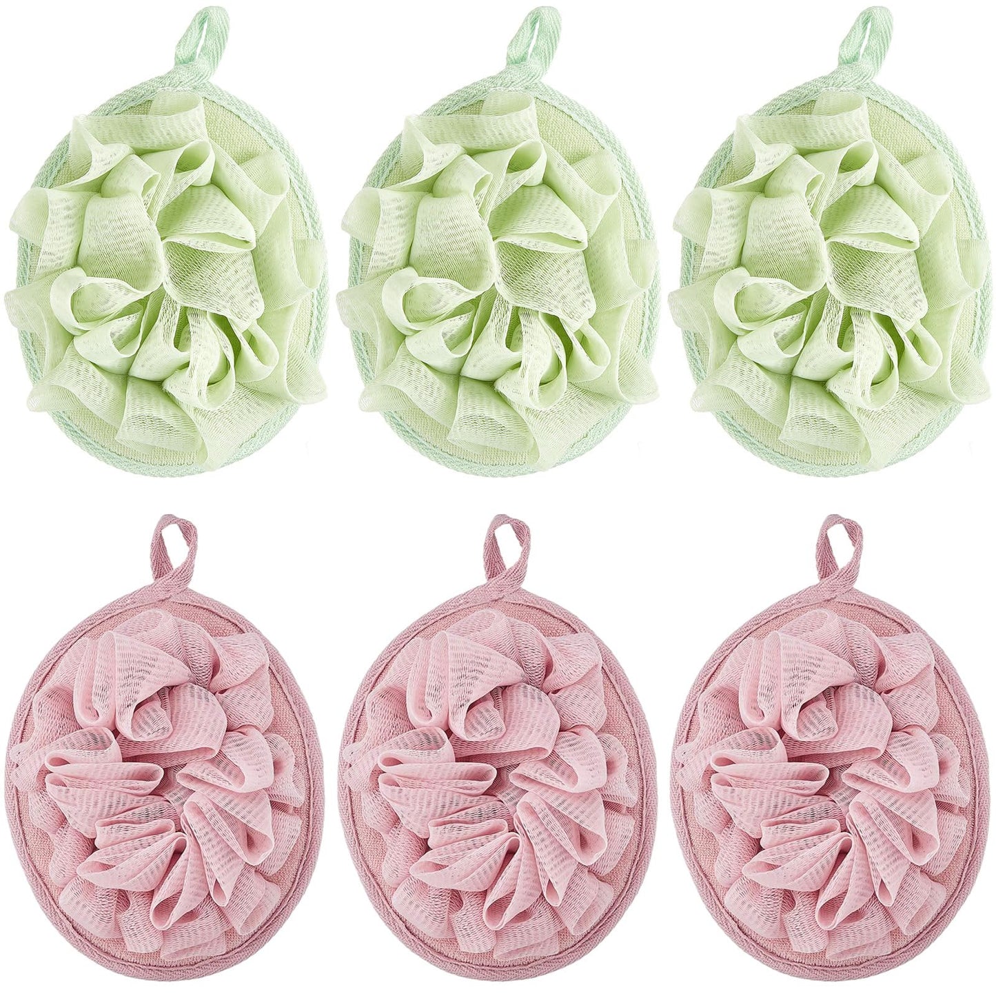 Boao 6 Pcs Bath Shower Pouf Sponge Mesh Pouf Shower Ball Exfoliating Body Sponge Pad Shower Scrubber Ball Shower Glove with Flower Bath Ball (Green,Light Pink)