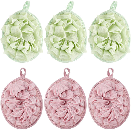 Boao 6 Pcs Bath Shower Pouf Sponge Mesh Pouf Shower Ball Exfoliating Body Sponge Pad Shower Scrubber Ball Shower Glove with Flower Bath Ball (Green,Light Pink)