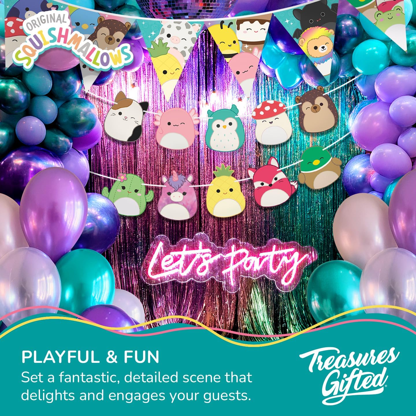 Treasures Gifted Officially Licensed Squishmallows Party Supplies Banner - (1) Pre-strung Banner - Squishmallows Birthday Decorations