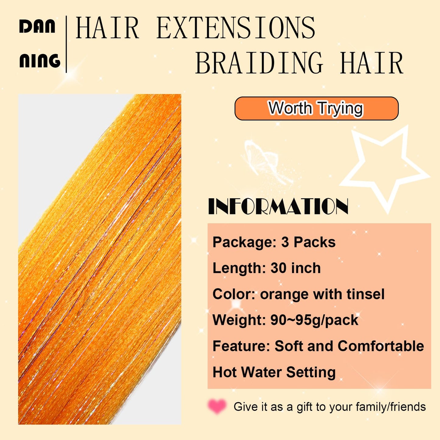 Glitter Orange Festival Pre Stretched Braiding Hair with Tinsel Shinny 30 Inch Box Braid Hair Extensions 3 Packs Yaki Texture Easy to Use