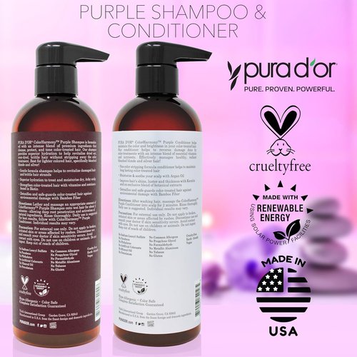 PURA D'OR ColorHarmony Purple Shampoo - 16 Oz for Bleached, Blonde & Silver Hair | Sulfate-Free, Keratin & Bamboo Fiber