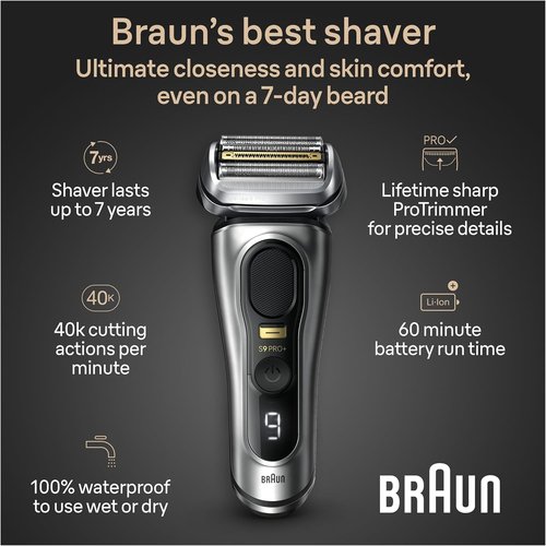 Braun Series 9 PRO+ Electric Razor - 5 Pro Shave Elements & Precision Trimmer | Wet & Dry, 60min Runtime