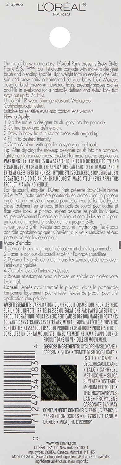 L'Oreal Paris Brow Stylist Frame and Set, Warm Brunette, 0.08 oz.