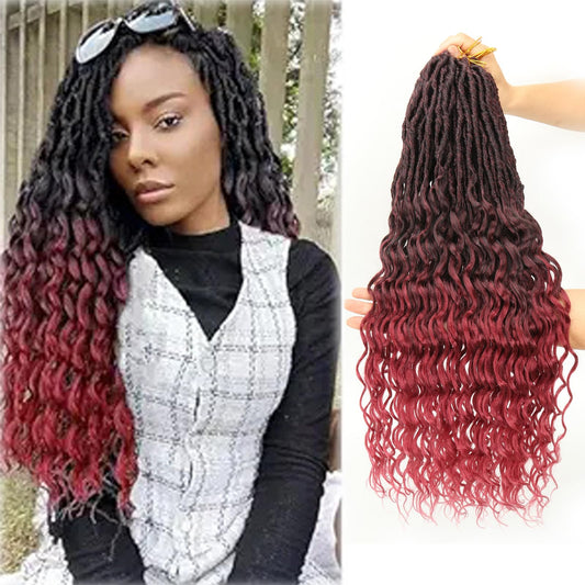 New Faux Locs Crochet Hair With Deep Curly Ends 24 Inch 8 Packs Ombre Red Goddess Soft Locs Synthetic Braids Prelooped Dreadlock Hair Extensions (24inch, 1B99j530)