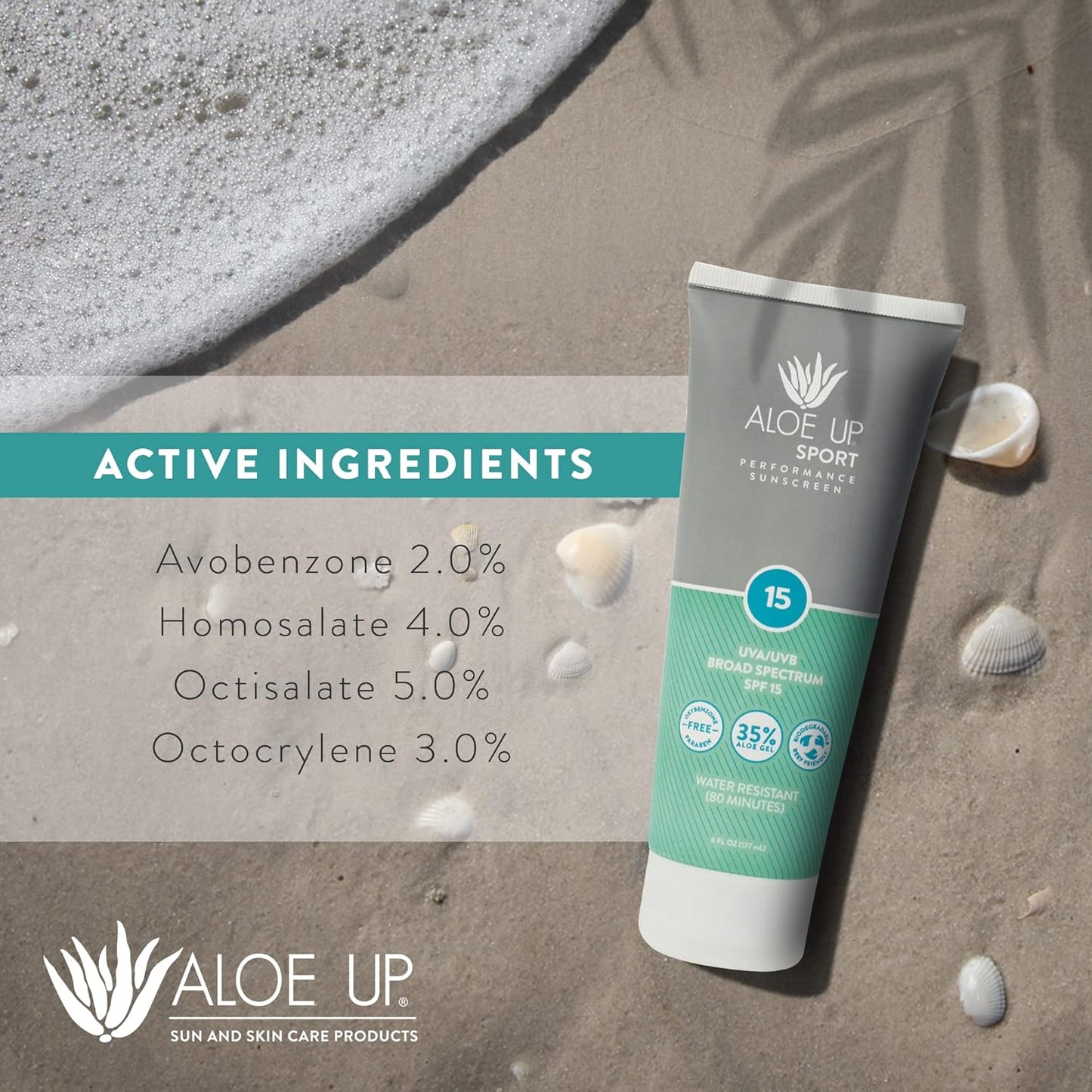 Aloe Up Sport Sunscreen Body Lotion SPF 15 | Hydrating Aloe Vera Gel, Non-Greasy, Reef Friendly - 6 Oz