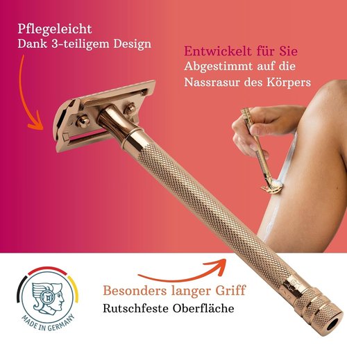 MERKUR 24G Safety Razor for Women - Extra Long Handle with 10 Double Edge Blades | Rose Gold Finish
