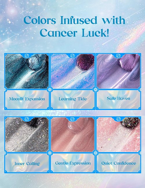 Beetles Moonlit Sanctuary Lucky Box, Cancer Zodiac Gel Nail Polish Kit Blue White Pearl Sliver Glitter Colors, All-in-One Nail Art Set with Tools, Necklace Badge, Salon DIY Zodiac Gift for Women