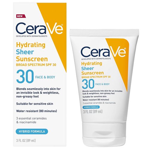 CeraVe Hydrating Sheer Sunscreen SPF 30 - Mineral & Chemical Formula with Zinc Oxide, 3 Ounces