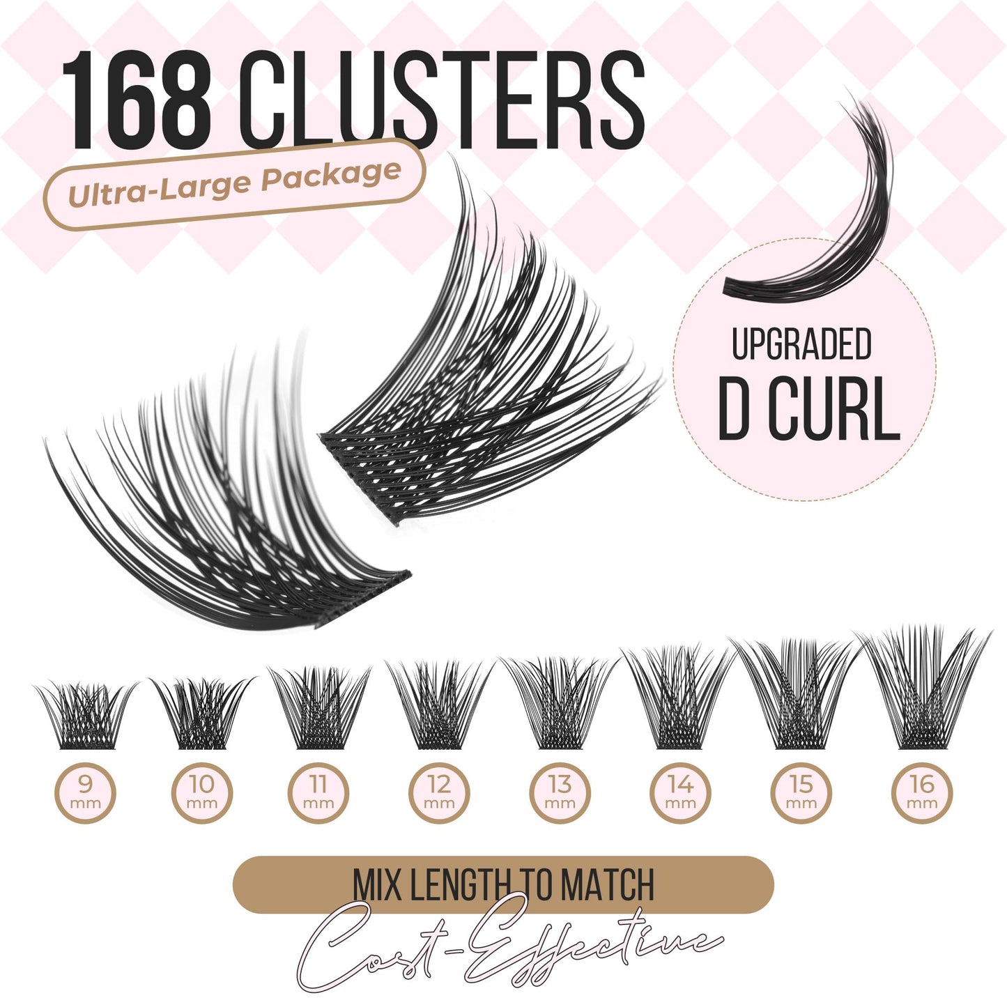 LASHVIEW Lash Extension Clusters - 168pcs Natural Look Lash Clusters Extensions with Waterproof Latex Free Bond and Seal Glue, 9-16mm Mix (56D)