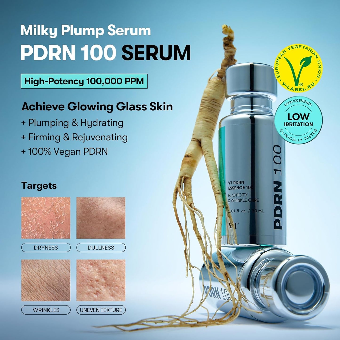 VT COSMETICS PDRN 100 Essence - Intensive Glow Serum for Skin Restoration & Plumping | 1.01 fl. Oz.