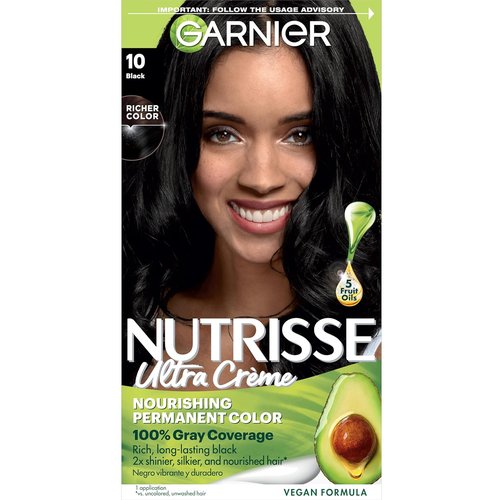 Garnier Nutrisse Ultra Crème Hair Color - Permanent Vegan Hair Dye with 100% Gray Coverage | 10 Black (Licorice)