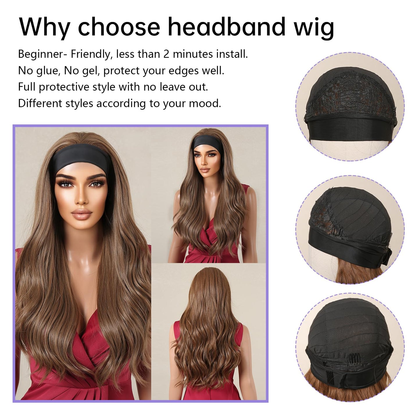 testar Headband Wig Body Wave Brown Wigs for Women Long Loose Wave Wavy Honey Brown Wigs Synthetic Wig Cosplay Hair Headband Wig