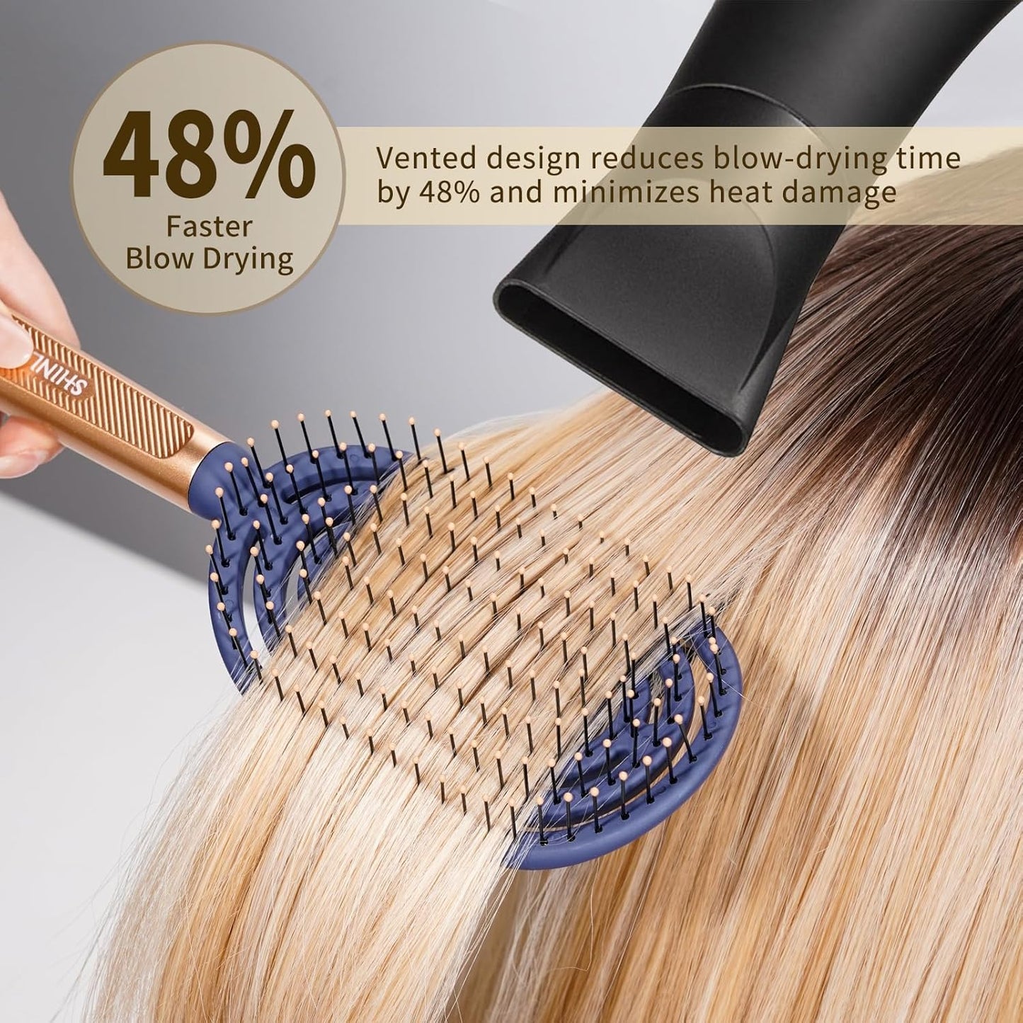 SHINLEA Speed Dry Detangler Brush - Metal-Infused Gold Handle & Curved Design for Wet Hair
