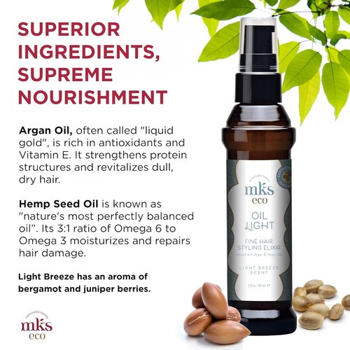 MKS Eco Oil Light - Hair Styling Elixir with Moroccan Argan & Hemp Seed Oil - 2 fl oz | Nourishes Fine Hair, Controls Frizz, Vegan & Cruelty-Free