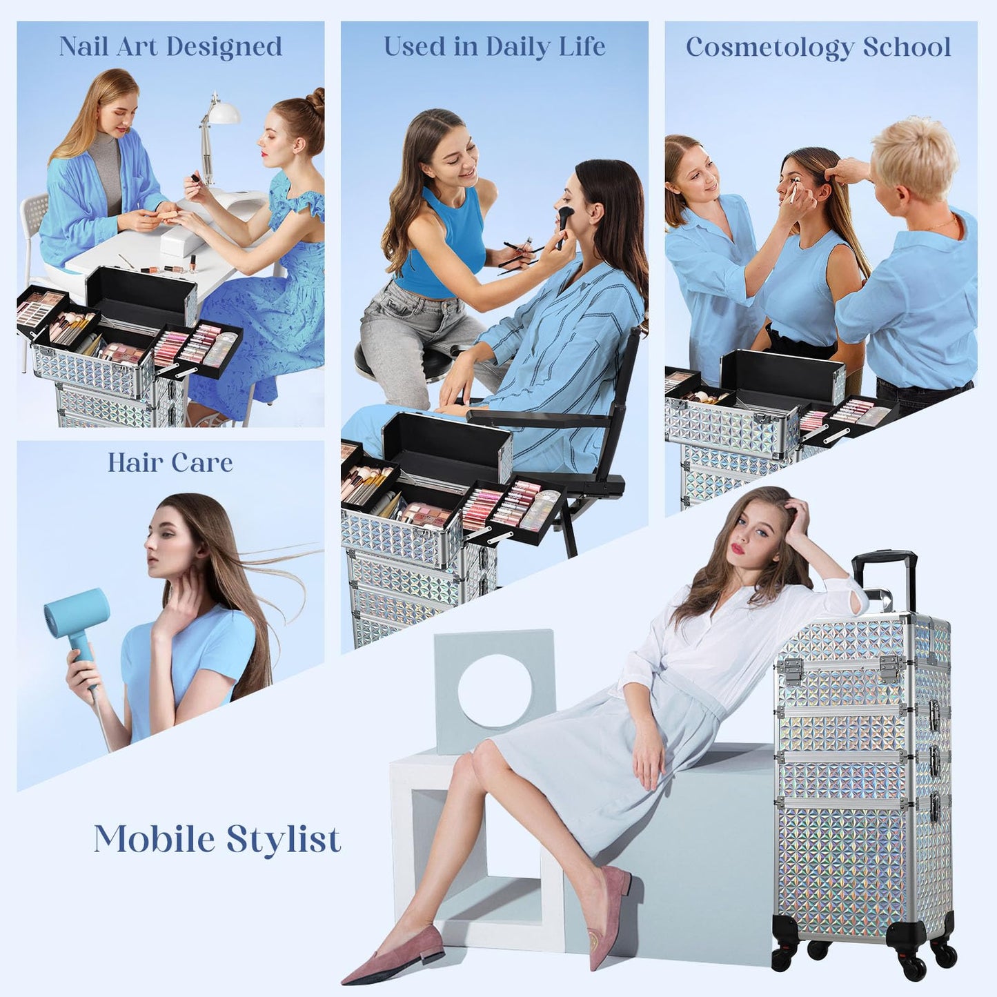 Stagiant Rolling Makeup Train Case Large Storage Cosmetic Trolley 4 in 1 Large Capacity Trolley Makeup Travel Case with Key Swivel Wheels Salon Barber Case Traveling Cart Trunk Shiny Silver