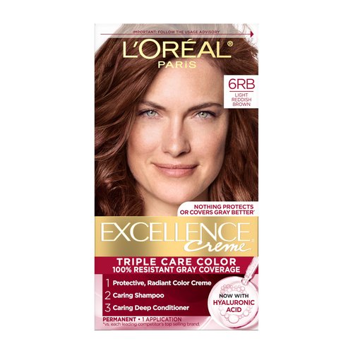 L'Oreal Paris Excellence Crème Permanent Hair Dye, Triple Care Hair Color with Hyaluronic Acid for 100% Gray Coverage, 6RB Light Reddish Brown, 1 Kit (Packaging May Vary)