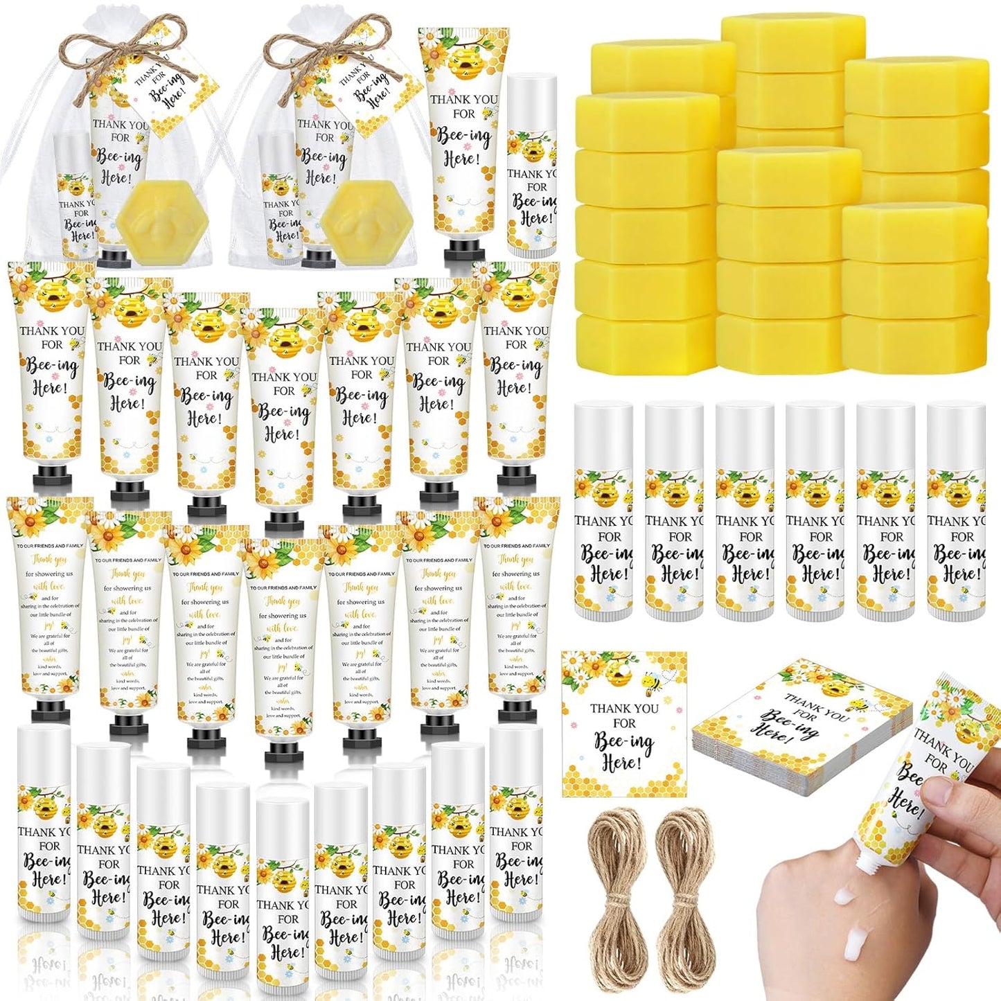 Skiennix Bee Themed Baby Shower Favors - 75 Pcs Lip Balms, Hand Cream & Honeycomb Soap | Perfect Gender Reveal Gift