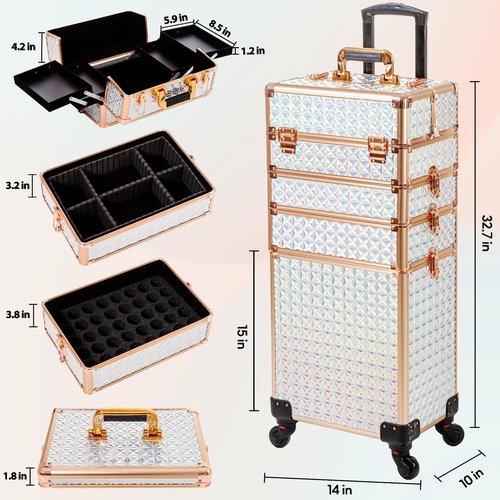 AROUS 5 in 1 Professional Makeup Train Case Aluminum Cosmetic Case Rolling Makeup Case Extra Large Trolley Makeup Travel Organizer, with 360° Swivel Wheels, White and Gold, JG0001