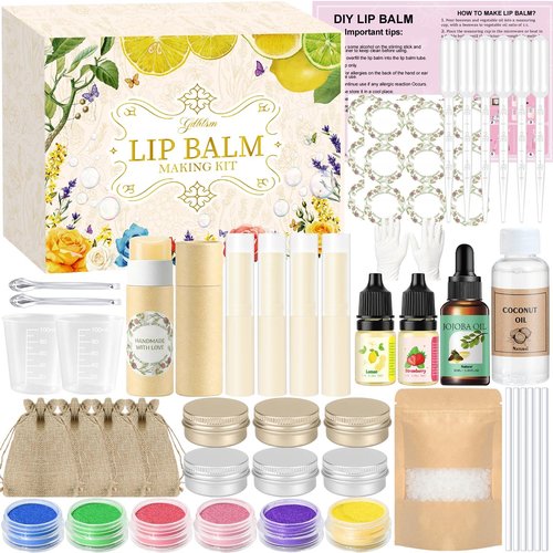 Gdblsm Lip Balm Making Kit- DIY Lip Balm Kit for Women, Make Your Own Moisturizing Lip Balms Craft Kits with Coconut Oil, Beeswax, Jojoba oil, Lip Gloss Set Lip Care Christmas Gift for Girls & Women