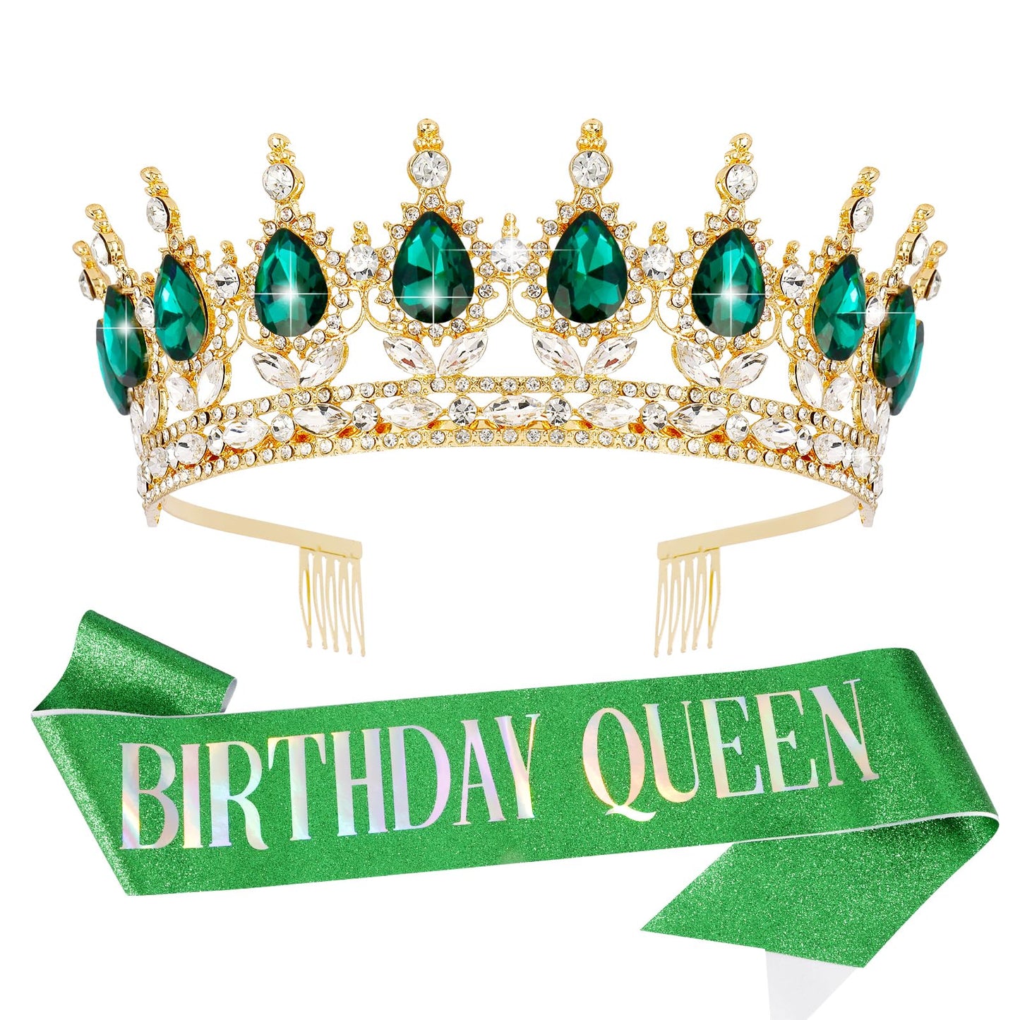 Vovii Birthday Crown & Sash Set for Women, Green Tiara & Birthday Queen Sash for Women Birthday Decorations, Happy Birthday Party Decorations for Birthday Crown Adult Woman