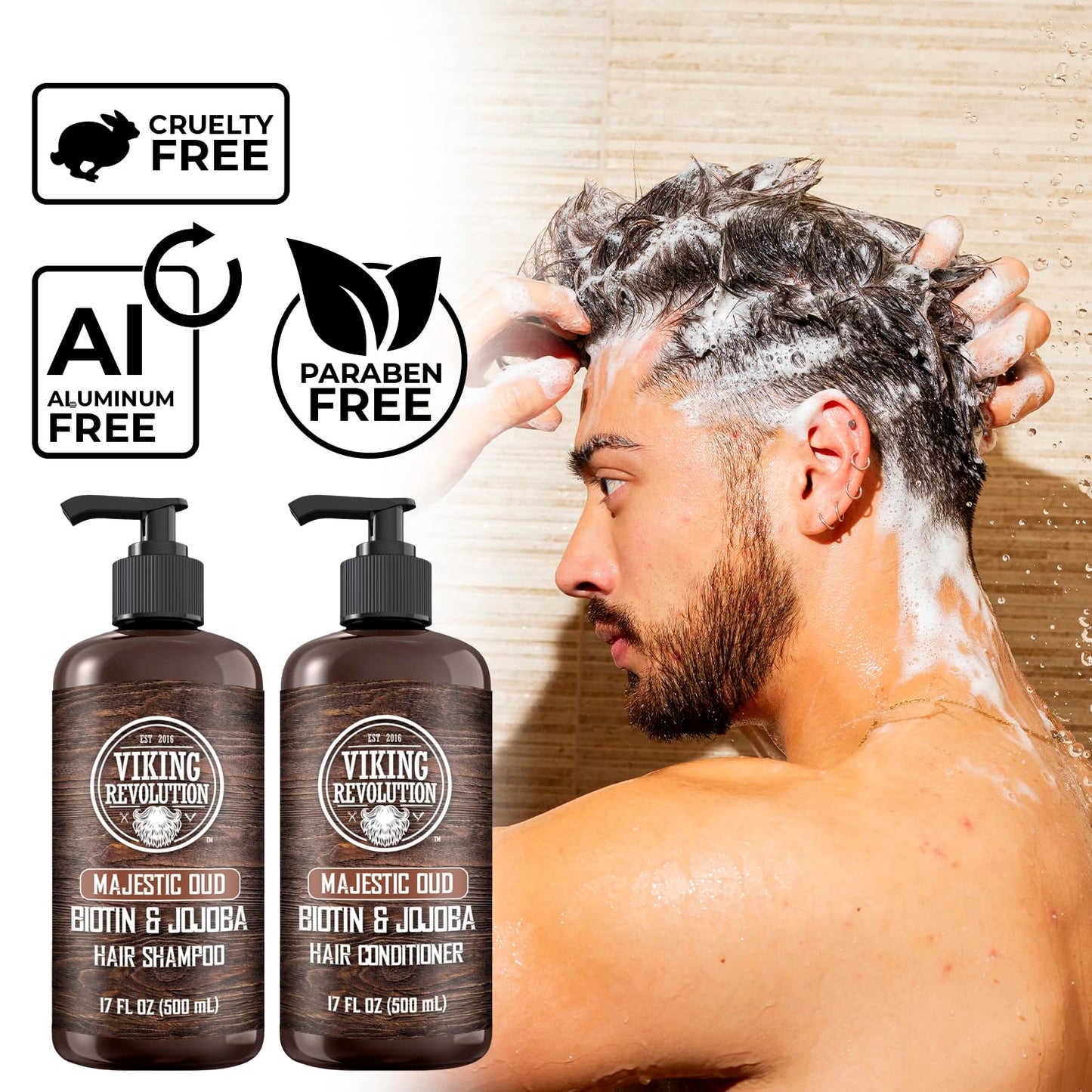 Viking Revolution Majestic Oud Men's Shampoo & Conditioner Set - Biotin & Jojoba Oil for Thinning Hair (17 oz)