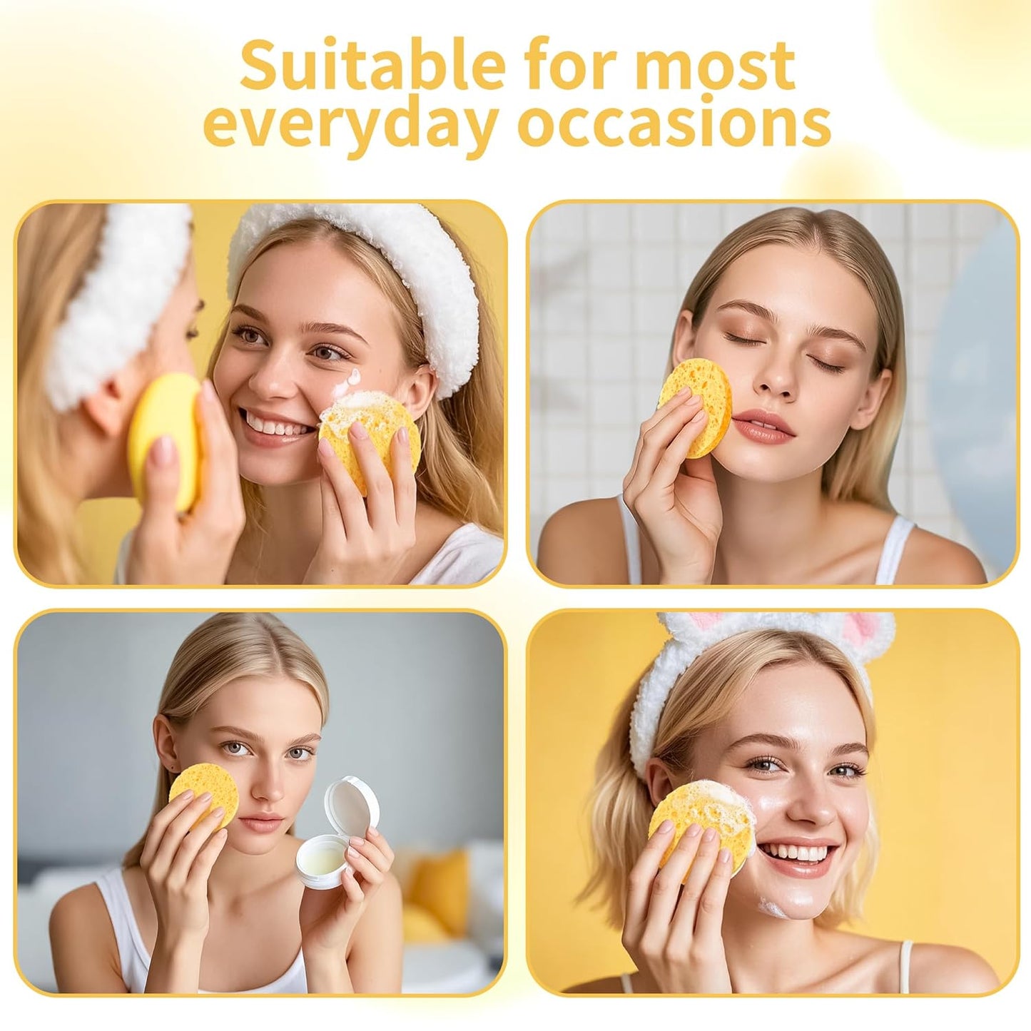 Compressed Facial Sponges - 100-Count Natural Cosmetic Spa Sponges for Cleansing & Makeup Removal | Yellow