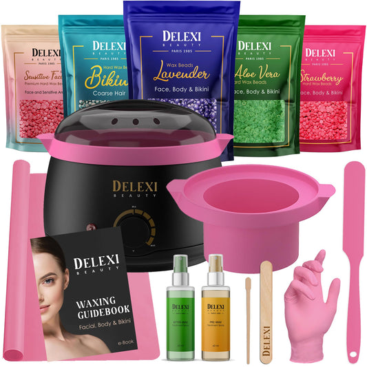 DELEXI All-in-one Waxing Kit for Women +5 Pack Salon Quality Wax for Full Body Hair Removal - Ideal for Bikini, Brazilian, Underarms, Legs, Eyebrows, Chest, Back, and Mustache | For Sensitive Skin