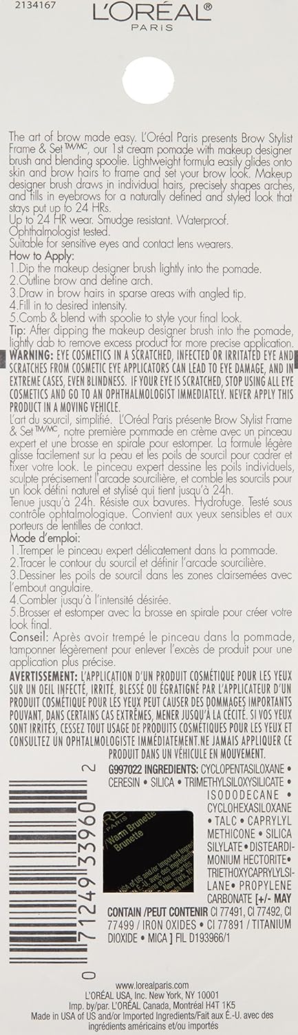 L'Oreal Paris Brow Stylist Frame and Set, Warm Brunette, 0.08 oz.