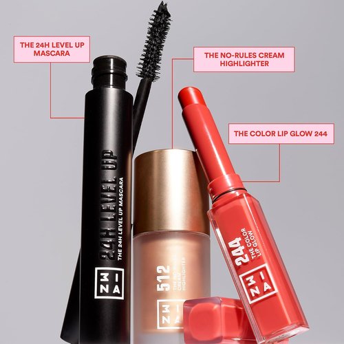 3INA The Glow One Kit - 24H Level Up Mascara, No Rules Highlighter & Color Lip Glow | 3 Pc Set
