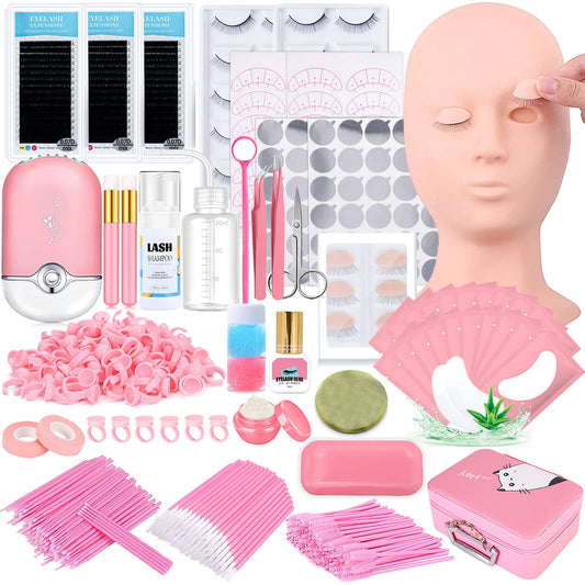 Lash Extension Kit Professional Eyelash Extensions Practice Set with Mannequin Head Removable Eyelids USB Lash Fan Individual False Eyelash Shampoo Brush Glue Practical Tools for Beginners