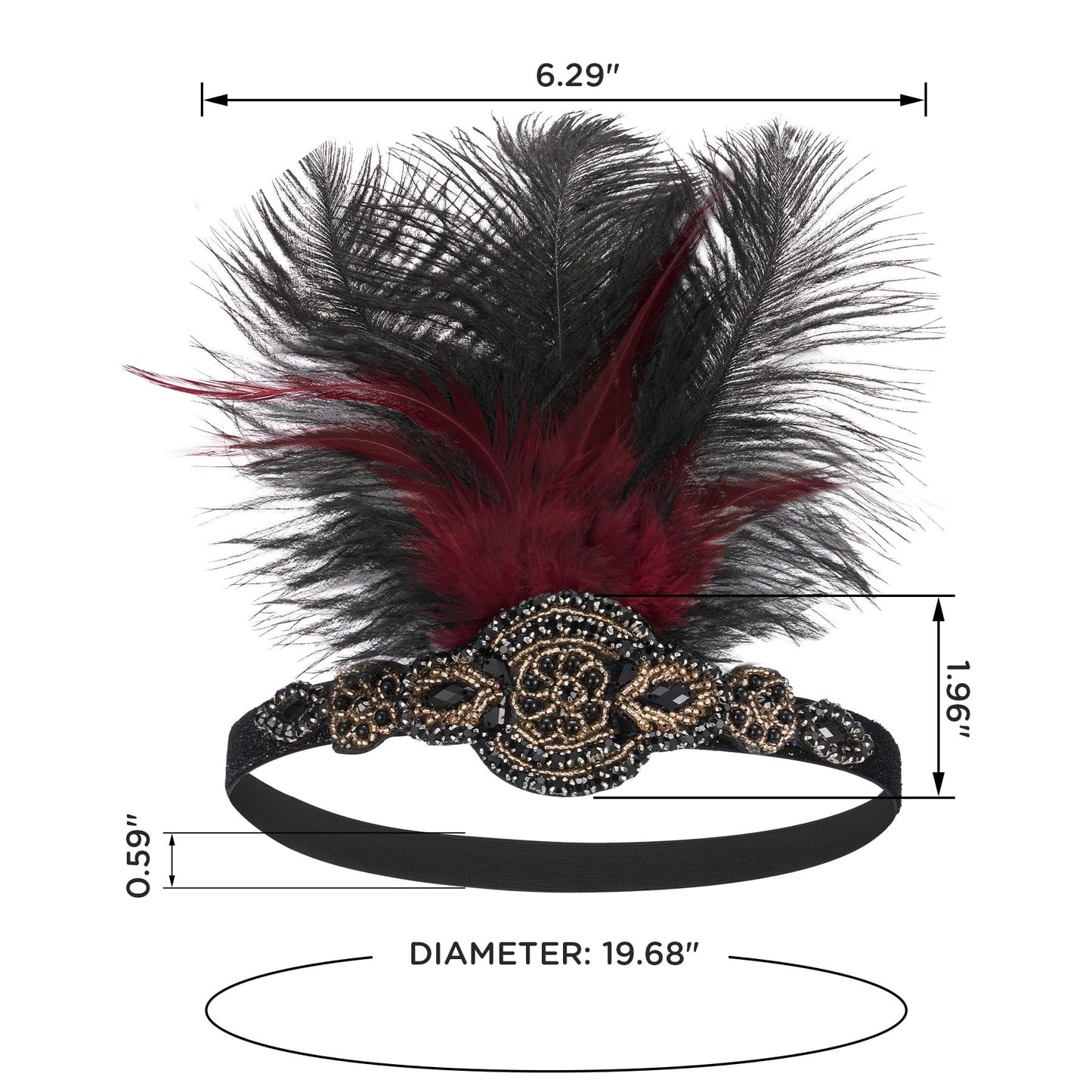 SWEETV 1920s Headpiece Flapper Headband, Feather Rhinestone Roaring 20s Great Gatsby Hair Accessories for Women,Wine Red