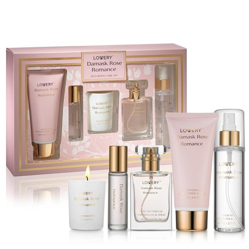 Damask Rose Romance Spa Kit - Luxurious Self-Care Gift Set for Women | Includes Soy Candle, Perfume Roll-On, Body Lotion & Mist