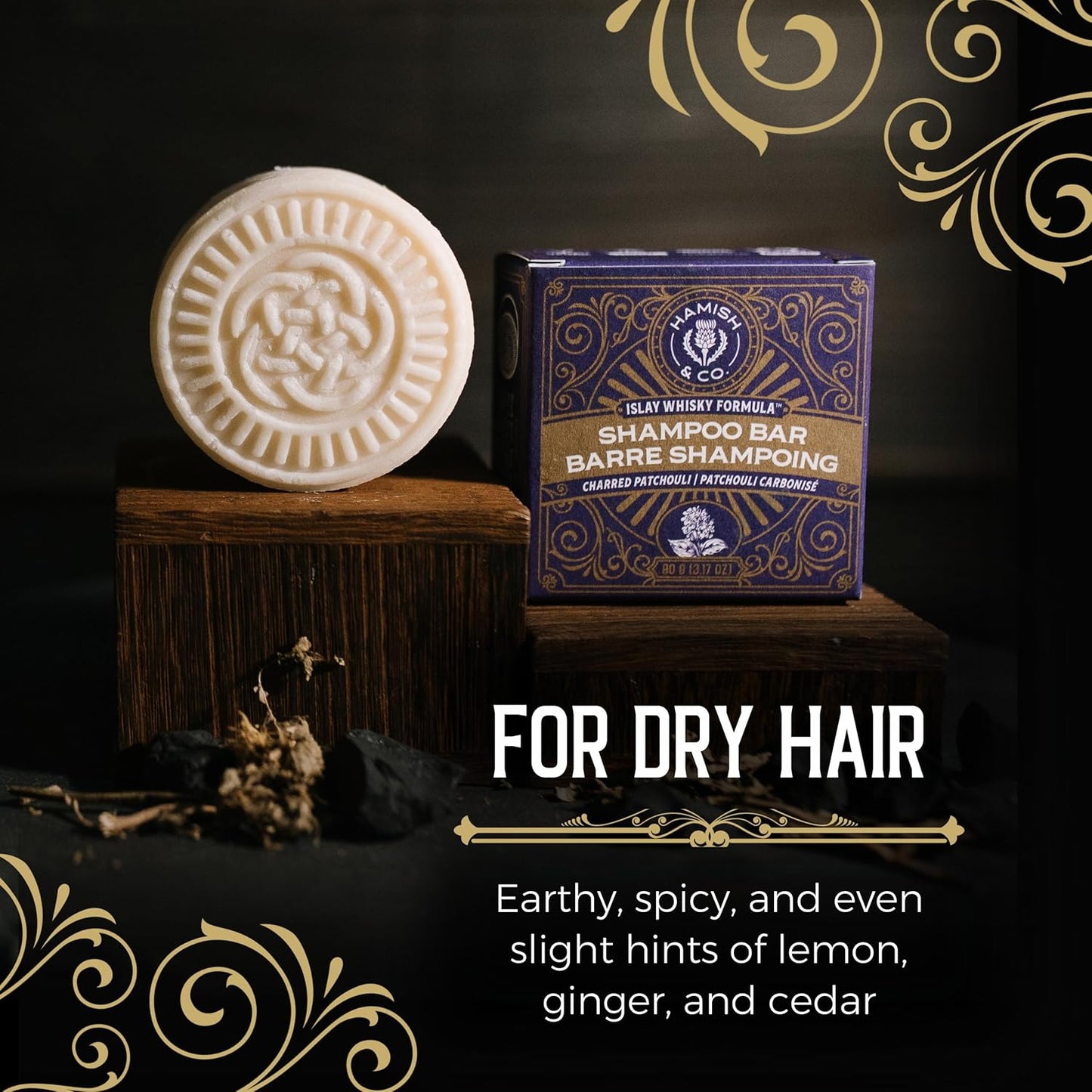 Viori Hamish & Co. Shampoo Bar - Handcrafted Men's Shampoo with Charred Patchouli & Islay Whiskey - Sulfate-Free, Eco-Friendly