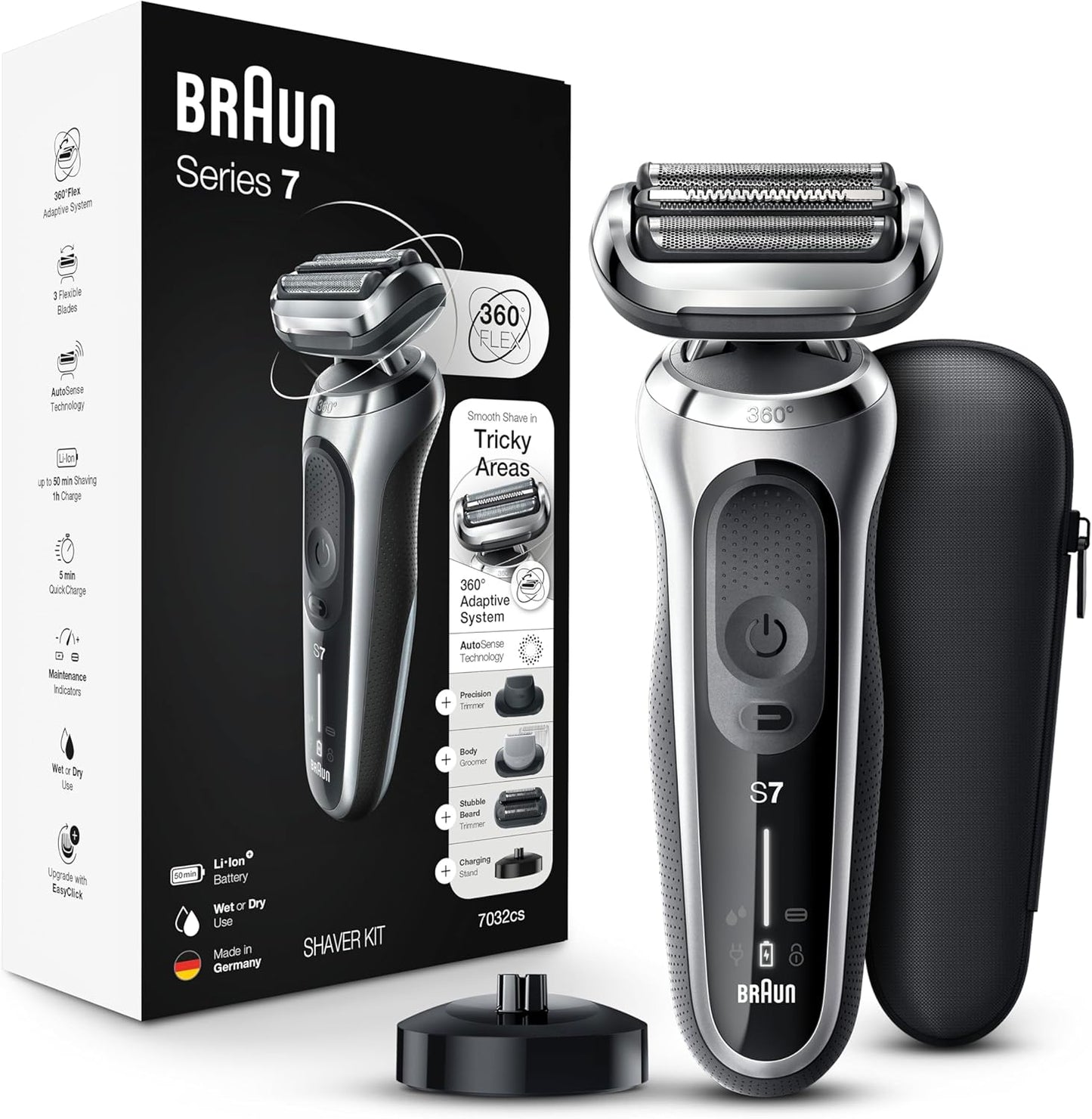 Braun Series 7 7032CS Electric Razor for Men - Wet & Dry Rechargeable Foil Shaver with Beard Trimmer | Silver