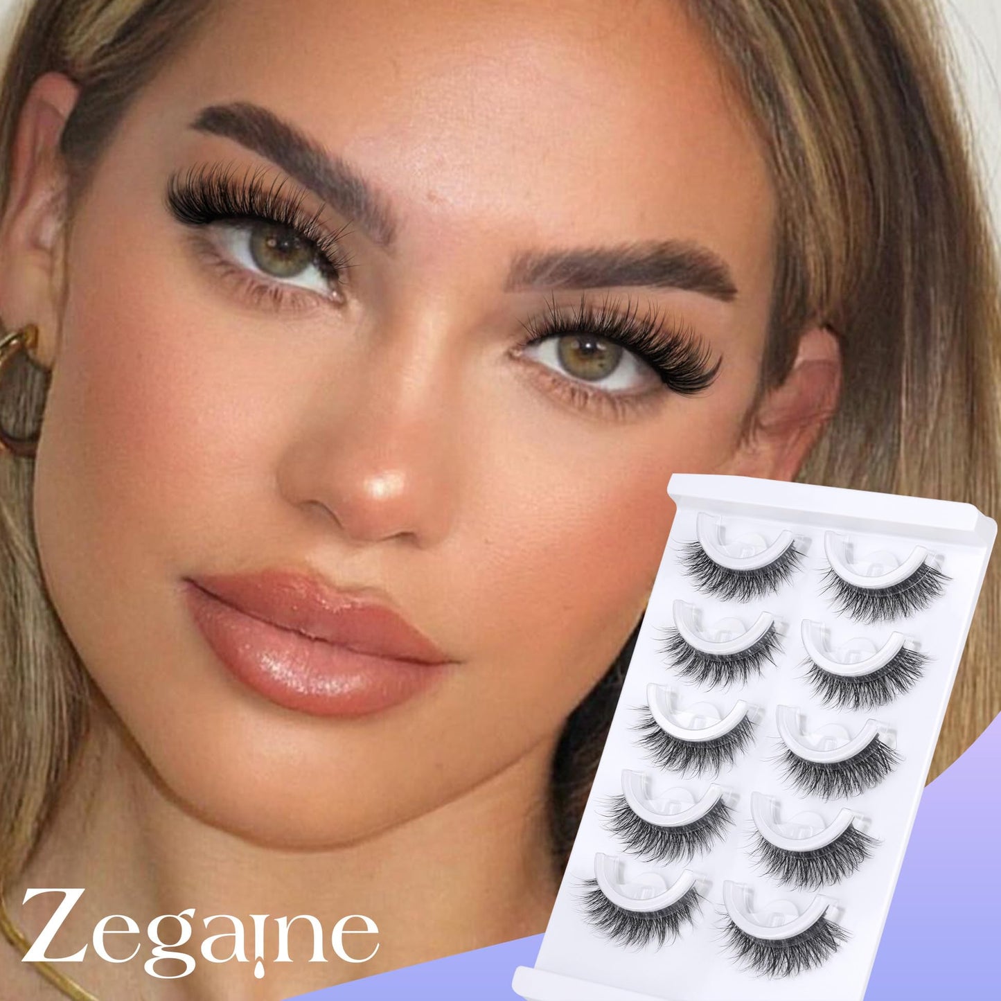 Natural Self Adhesive Lashes Cat Eye Lashes Wispy Self Adhesive Eyelashes No Glue Needed D Curl Reusable Fluffy Strip Lashes without Eyeliner Cat Eye False Eyelashes Natural Look 5 Pairs by Zegaine