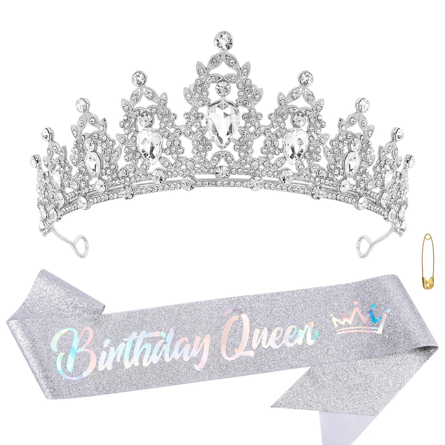 Atoden Birthday Crown and Birthday Queen Sash Silver Tiara Birthday Girl Crystal Crown Princess Birthday Party Decorations Rhinestone Happy Birthday Accessories for Party Birthday Gifts