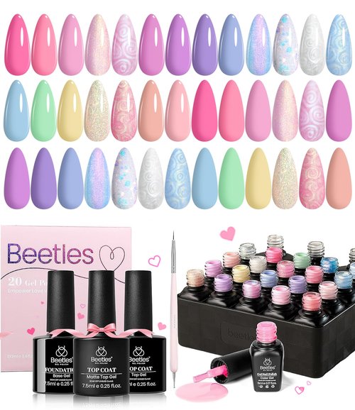 Beetles Spring Gel Nail Polish Set - 24Pcs Pastel Pink Purple Pearl Blue Shimmer Chameleon Green Colors Gel Nail Kit 3Pcs Base Top Coat Double-ended Brush Soak off UV Nail Easter Gifts for Women