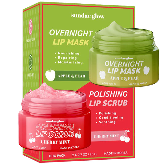 Sundae Glow Apple, Pear, Cherry & Mint Lip Mask and Scrub - Dermatologist Tested, Hydrating & Exfoliating, Korean Skin Care, Nourishes, Softens & Brightens Lips - Vegan & Natural - 1 Pack