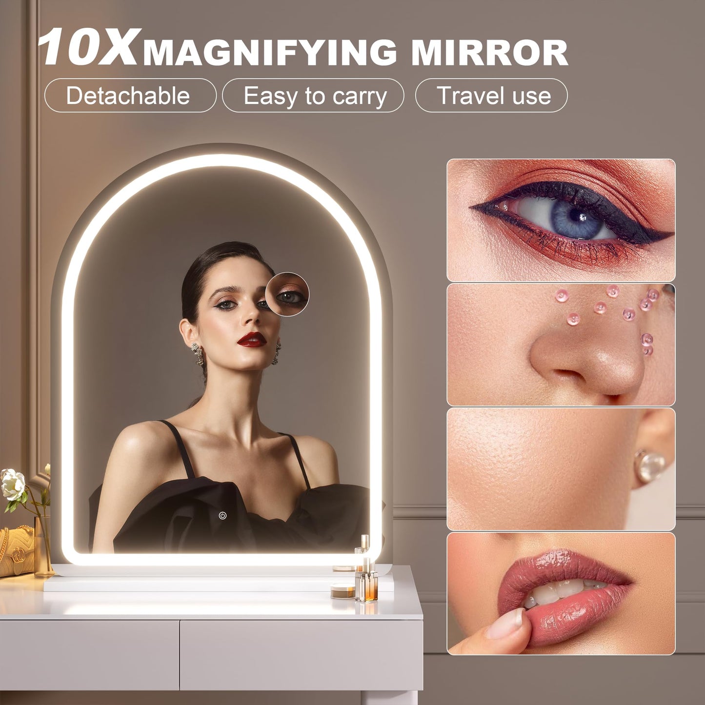 Hasipu Vanity Mirror with Lights, 26"× 30" Arched LED Makeup Mirror, Lighted Desktop Makeup Mirror with Lights, Smart Touch Control Dimmable 3 Modes Light White