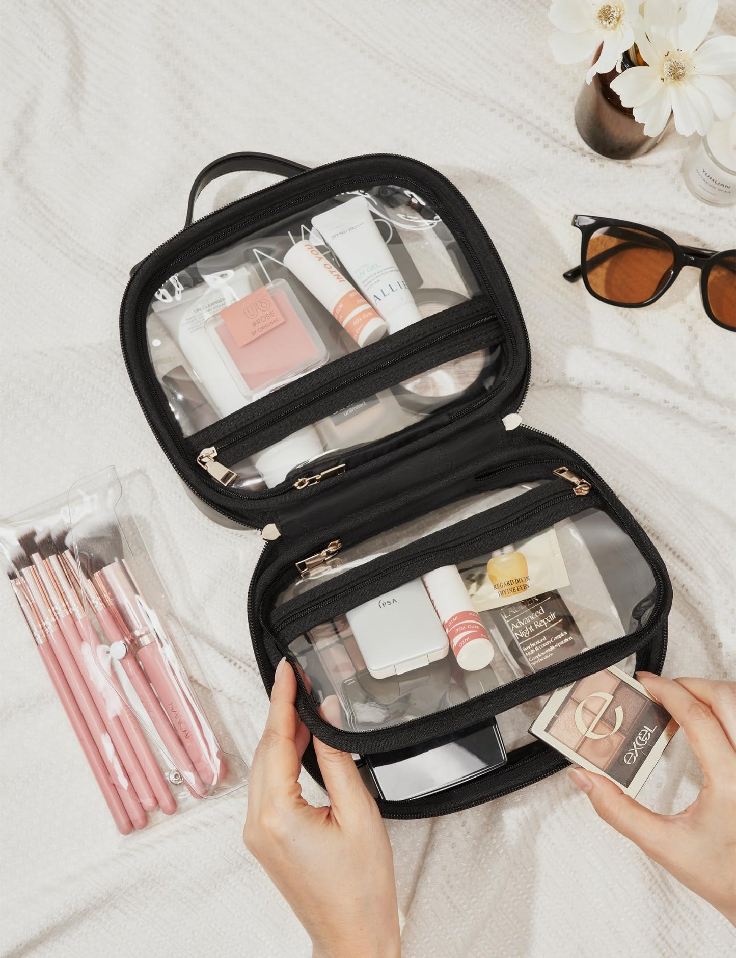 Oaque Clear Cosmetic Bag Double Layer Travel Toiletry Bag Clear Makeup Bag Case with Zipper Transparent Travel Bag for Toiletries, TSA Approved Toiletry Bag for Women Girls (Black)