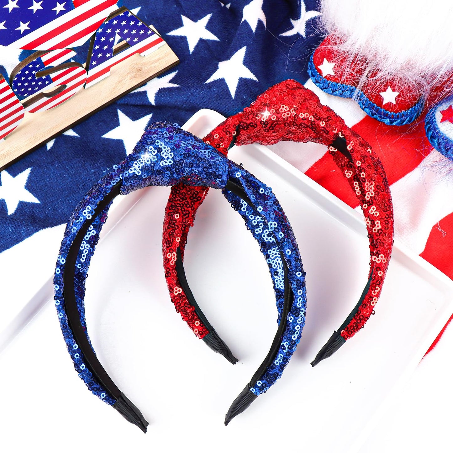 Lanmerry Knotted Headbands for Women 4th of July Girls Hair Accessories Glitter Sparkly Headbands Patriotic Red Blue Headband Sequin Girls Hairband Cute Kids Headband