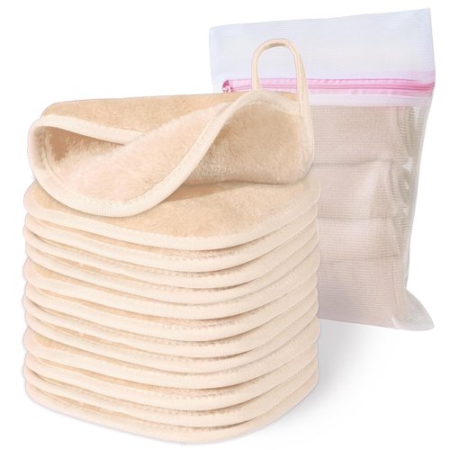 Natwag Makeup Remover Cloths - Reusable Microfiber Face Towels | 12-Pack, 6" x 6", Beige with Mesh Bag