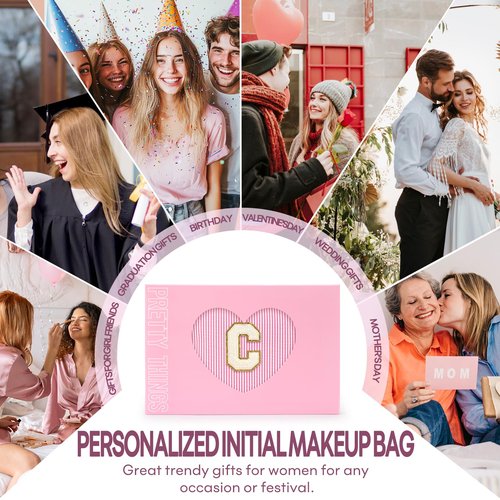 2 PCS Initial Makeup Bags for Women: Cosmetic Bag for Travel Toiletry - Birthday Gifts for 11 12 13 14 15 16 17 18 Years Old Girl Graduation Teacher Gift- Teen Girl Gifts Trendy Stuff - Pink C
