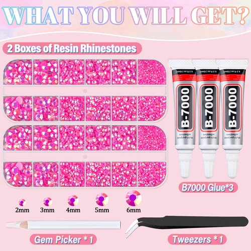 Resin Rhinestones for Crafting with 3Pcs 10ml B7000 Jewelry Glue, 2 Boxes Hot Pink AB Flatback Gems Crystals Diamond for Bedazzling Crafts DIY Nail Art Makeup,Gems for Clothing Tumblers Shoes