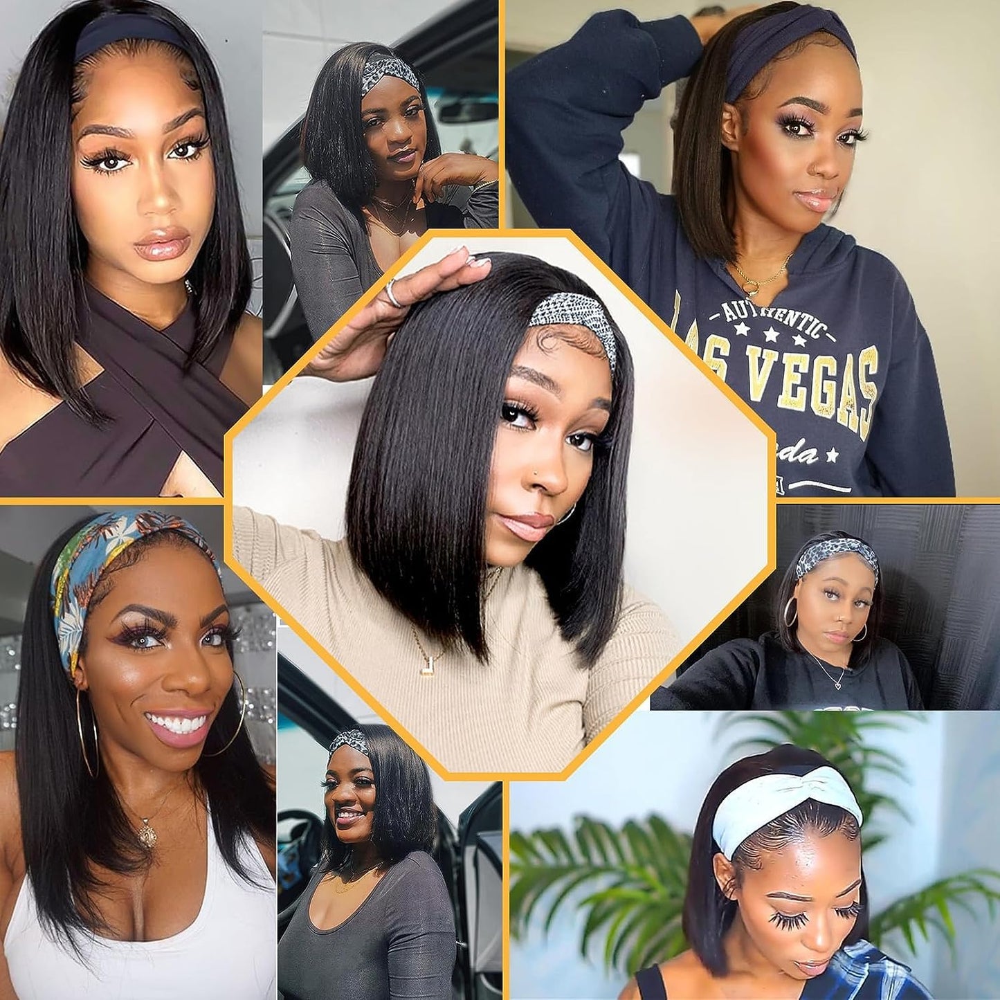 Straight Bob Headband Wig Human Hair None Lace Wigs for Black Women Glueless Short 100% Brazilian Virgin Head Band Easy to Install Half with Free